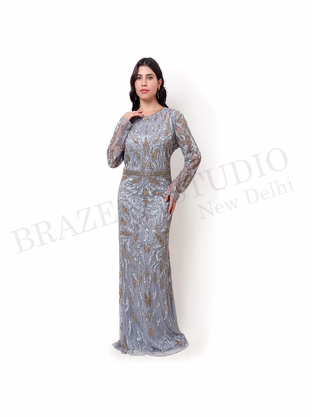 Brazeal Studio, Dresse, Grey With Silver And Gold Embellishment, Women’s Maxi Gown / Evening Dress-2