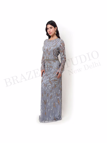 Brazeal Studio, Dresse, Grey With Silver And Gold Embellishment, Women’s Maxi Gown / Evening Dress-3