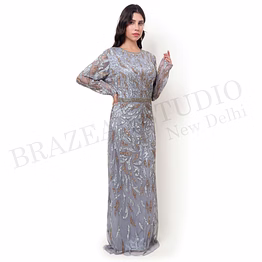 brazeal studio, dresse, grey with silver and gold embellishment, women’s maxi gown / evening dress
