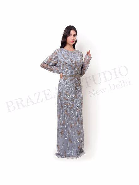 Brazeal Studio, Dresse, Grey With Silver And Gold Embellishment, Women’s Maxi Gown / Evening Dress