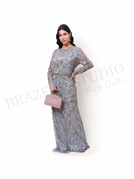 Brazeal Studio, Dresse, Grey With Silver And Gold Embellishment, Women’s Maxi Gown / Evening Dress-5
