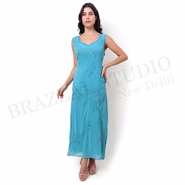 brazeal studio aqua blue embroidered sleeveless maxi dress all size available export quality