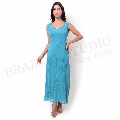 brazeal studio aqua blue embroidered sleeveless maxi dress all size available export quality