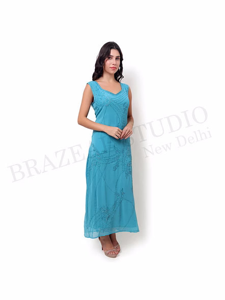 Brazeal Studio Aqua Blue Embroidered Sleeveless Maxi Dress All Size Available Export Quality-3