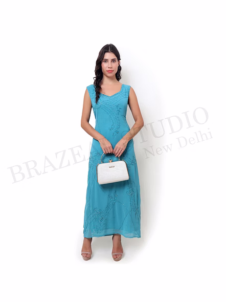 Brazeal Studio Aqua Blue Embroidered Sleeveless Maxi Dress All Size Available Export Quality-5