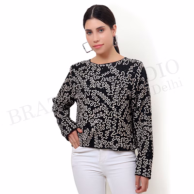 brazeal studio, top, black with contrast embroidery, women’s embroidered top, georgette / viscose blend (poly-based)