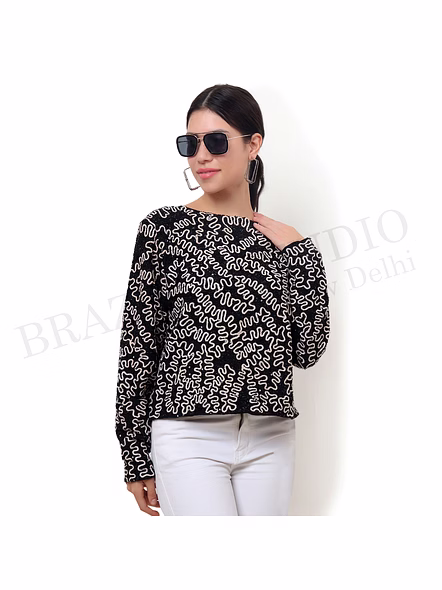 Brazeal Studio, Top, Black With Contrast Embroidery, Women’s Embroidered Top, Georgette / Viscose Blend (poly-based)-6