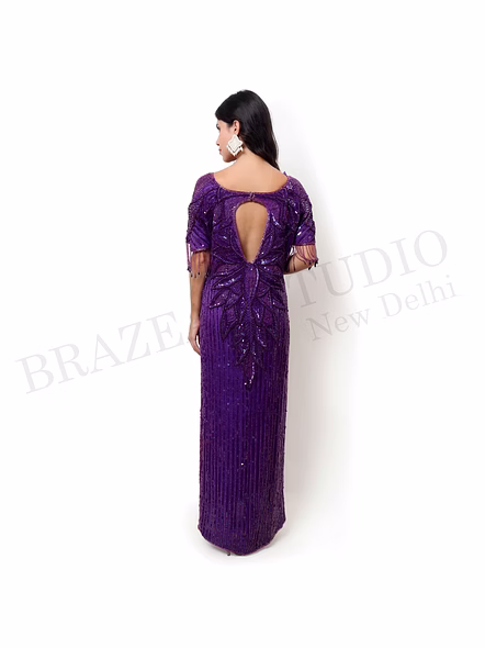 Brazeal Studio, Dresse, Deep Purple, Women’s Beaded Evening Gown, Beaded Mesh With Inner Lining