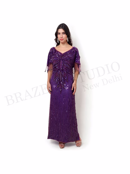 Brazeal Studio, Dresse, Deep Purple, Women’s Beaded Evening Gown, Beaded Mesh With Inner Lining
