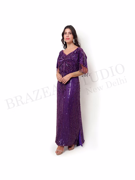 Brazeal Studio, Dresse, Deep Purple, Women’s Beaded Evening Gown, Beaded Mesh With Inner Lining-2
