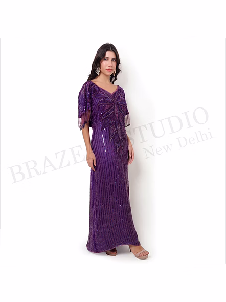 Brazeal Studio, Dresse, Deep Purple, Women’s Beaded Evening Gown, Beaded Mesh With Inner Lining-3