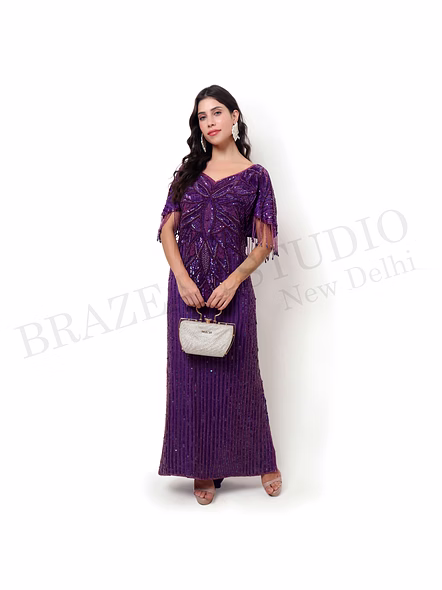 Brazeal Studio, Dresse, Deep Purple, Women’s Beaded Evening Gown, Beaded Mesh With Inner Lining-5