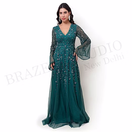 brazeal studio, dresse, emerald green, women’s embellished evening gown, beaded mesh with inner lining