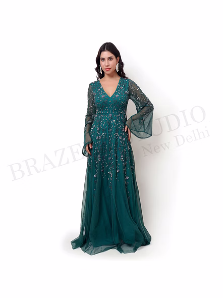 Brazeal Studio, Dresse, Emerald Green, Women’s Embellished Evening Gown, Beaded Mesh With Inner Lining