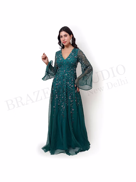 Brazeal Studio, Dresse, Emerald Green, Women’s Embellished Evening Gown, Beaded Mesh With Inner Lining-2