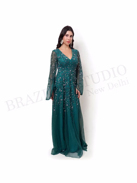 Brazeal Studio, Dresse, Emerald Green, Women’s Embellished Evening Gown, Beaded Mesh With Inner Lining-3