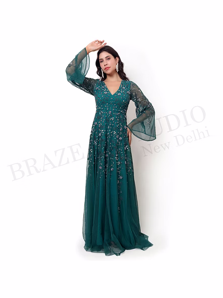 Brazeal Studio, Dresse, Emerald Green, Women’s Embellished Evening Gown, Beaded Mesh With Inner Lining-5