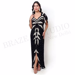 brazeal studio, dresse, black with ivory embellishment, women’s embellished evening gown, beaded mesh with lining