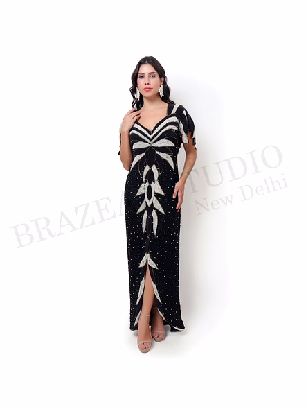 Brazeal Studio, Dresse, Black With Ivory Embellishment, Women’s Embellished Evening Gown, Beaded Mesh With Lining