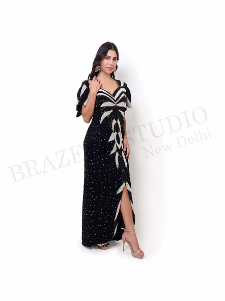 Brazeal Studio, Dresse, Black With Ivory Embellishment, Women’s Embellished Evening Gown, Beaded Mesh With Lining-3