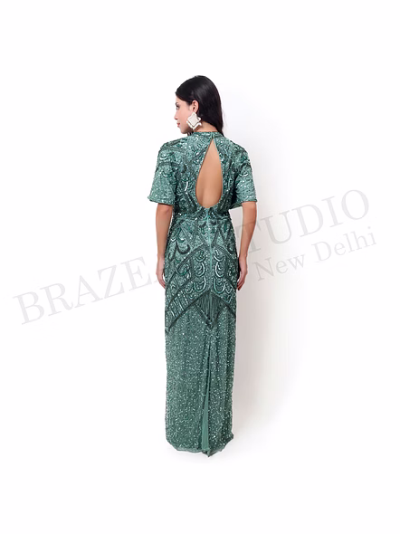 Brazeal Studio, Dresse, Mint Green, Women’s Embellished Evening Gown, Beaded Mesh With Lining