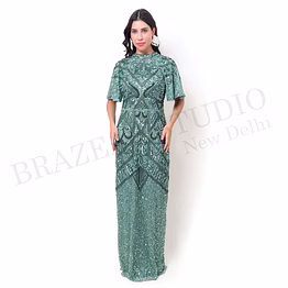 brazeal studio, dresse, mint green, women’s embellished evening gown, beaded mesh with lining
