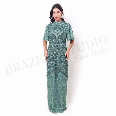 brazeal studio, dresse, mint green, women’s embellished evening gown, beaded mesh with lining