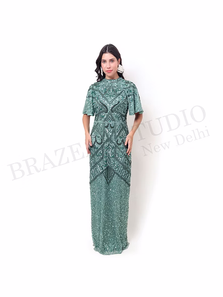 Brazeal Studio, Dresse, Mint Green, Women’s Embellished Evening Gown, Beaded Mesh With Lining