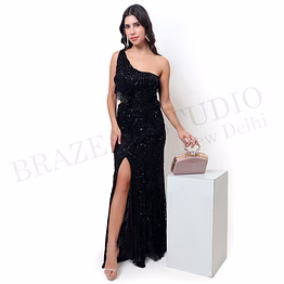 brazeal studio, dresse, black, women’s embellished evening gown, beaded mesh with soft lining