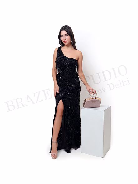 Brazeal Studio, Dresse, Black, Women’s Embellished Evening Gown, Beaded Mesh With Soft Lining