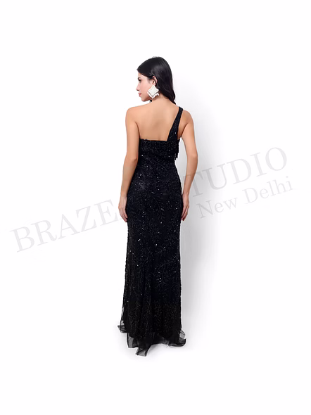 Brazeal Studio, Dresse, Black, Women’s Embellished Evening Gown, Beaded Mesh With Soft Lining
