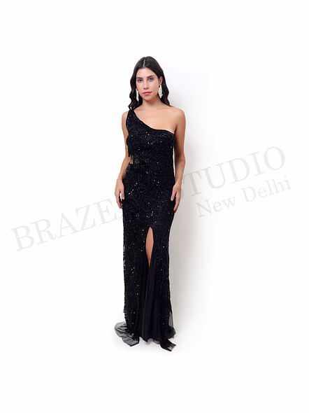 Brazeal Studio, Dresse, Black, Women’s Embellished Evening Gown, Beaded Mesh With Soft Lining-2