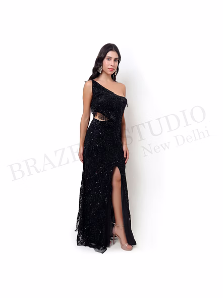 Brazeal Studio, Dresse, Black, Women’s Embellished Evening Gown, Beaded Mesh With Soft Lining-4