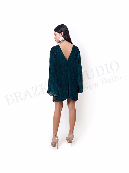 Brazeal Studio, Dresse, Emerald Green, Women’s Party Mini Dress, Shimmer Textured Fabric With Soft Lining