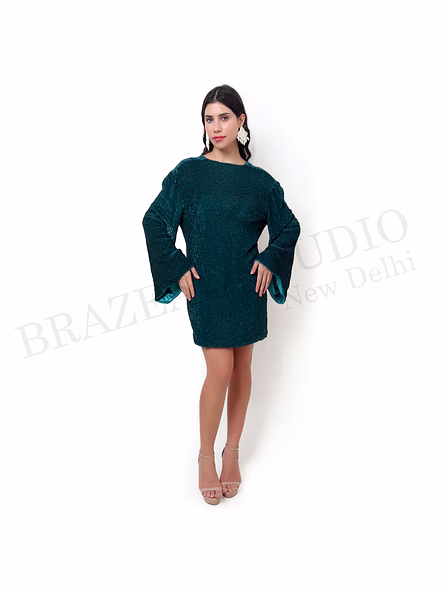 Brazeal Studio, Dresse, Emerald Green, Women’s Party Mini Dress, Shimmer Textured Fabric With Soft Lining