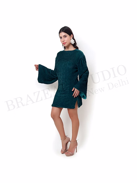 Brazeal Studio, Dresse, Emerald Green, Women’s Party Mini Dress, Shimmer Textured Fabric With Soft Lining-2