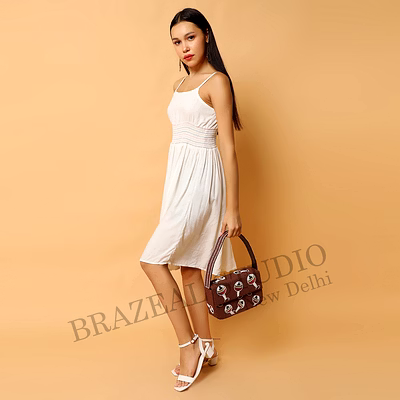 brazeal studio, bag, brown with multicolor beaded motifs, hand-applied glass seed beads on fabric base