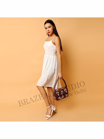 Brazeal Studio, Bag, Brown With Multicolor Beaded Motifs, Hand-applied Glass Seed Beads On Fabric Base