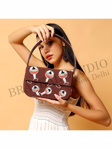 Brazeal Studio, Bag, Brown With Multicolor Beaded Motifs, Hand-applied Glass Seed Beads On Fabric Base