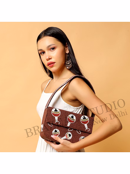 Brazeal Studio, Bag, Brown With Multicolor Beaded Motifs, Hand-applied Glass Seed Beads On Fabric Base-2
