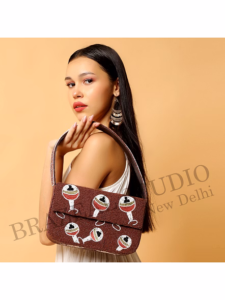 Brazeal Studio, Bag, Brown With Multicolor Beaded Motifs, Hand-applied Glass Seed Beads On Fabric Base-3
