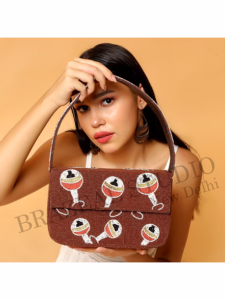 Brazeal Studio, Bag, Brown With Multicolor Beaded Motifs, Hand-applied Glass Seed Beads On Fabric Base-4