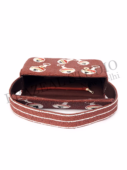 Brazeal Studio, Bag, Brown With Multicolor Beaded Motifs, Hand-applied Glass Seed Beads On Fabric Base-11