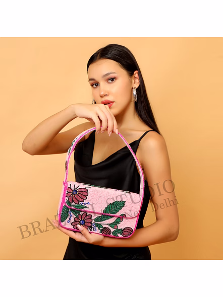 Brazeal Studio, Bag, Pink With Multicolor Floral Beadwork, Handcrafted Glass Seed Beads On Fabric Base