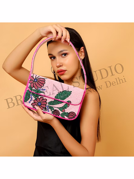 Brazeal Studio, Bag, Pink With Multicolor Floral Beadwork, Handcrafted Glass Seed Beads On Fabric Base-2