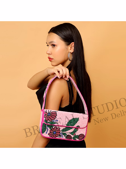 Brazeal Studio, Bag, Pink With Multicolor Floral Beadwork, Handcrafted Glass Seed Beads On Fabric Base-3
