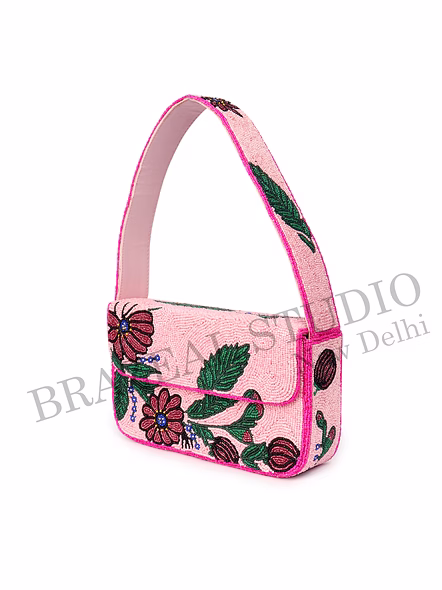 Brazeal Studio, Bag, Pink With Multicolor Floral Beadwork, Handcrafted Glass Seed Beads On Fabric Base-10
