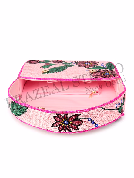 Brazeal Studio, Bag, Pink With Multicolor Floral Beadwork, Handcrafted Glass Seed Beads On Fabric Base-12