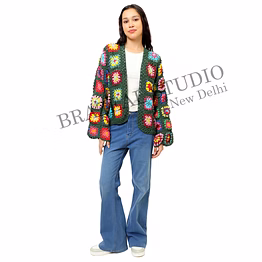 brazeal studio, jackets & coat, open-front, long sleeves, granny-square floral motifs, green base with multicolor floral crochet patterns, premium quality yarn (hand-crocheted)