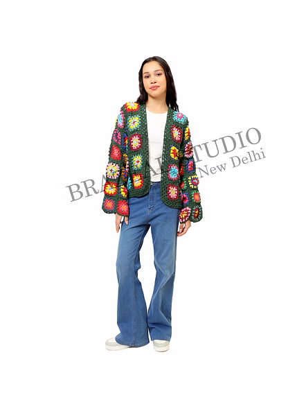 Brazeal Studio, Jackets & Coat, Open-front, Long Sleeves, Granny-square Floral Motifs, Green Base With Multicolor Floral Crochet Patterns, Premium Quality Yarn (hand-crocheted)